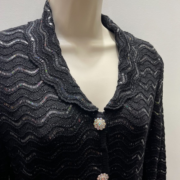 St. John Couture by Marie Gray Black Mesh Sequin Cardigan with Floral Buttons 4 - Picture 8 of 12